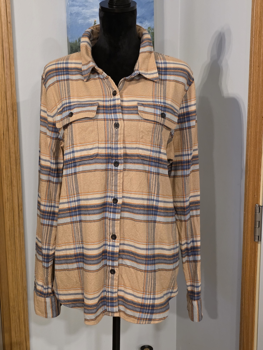 Patagonia Long-Sleeved Fiord Flannel Shirt-Tan, Blue, and Orange plaid- Large